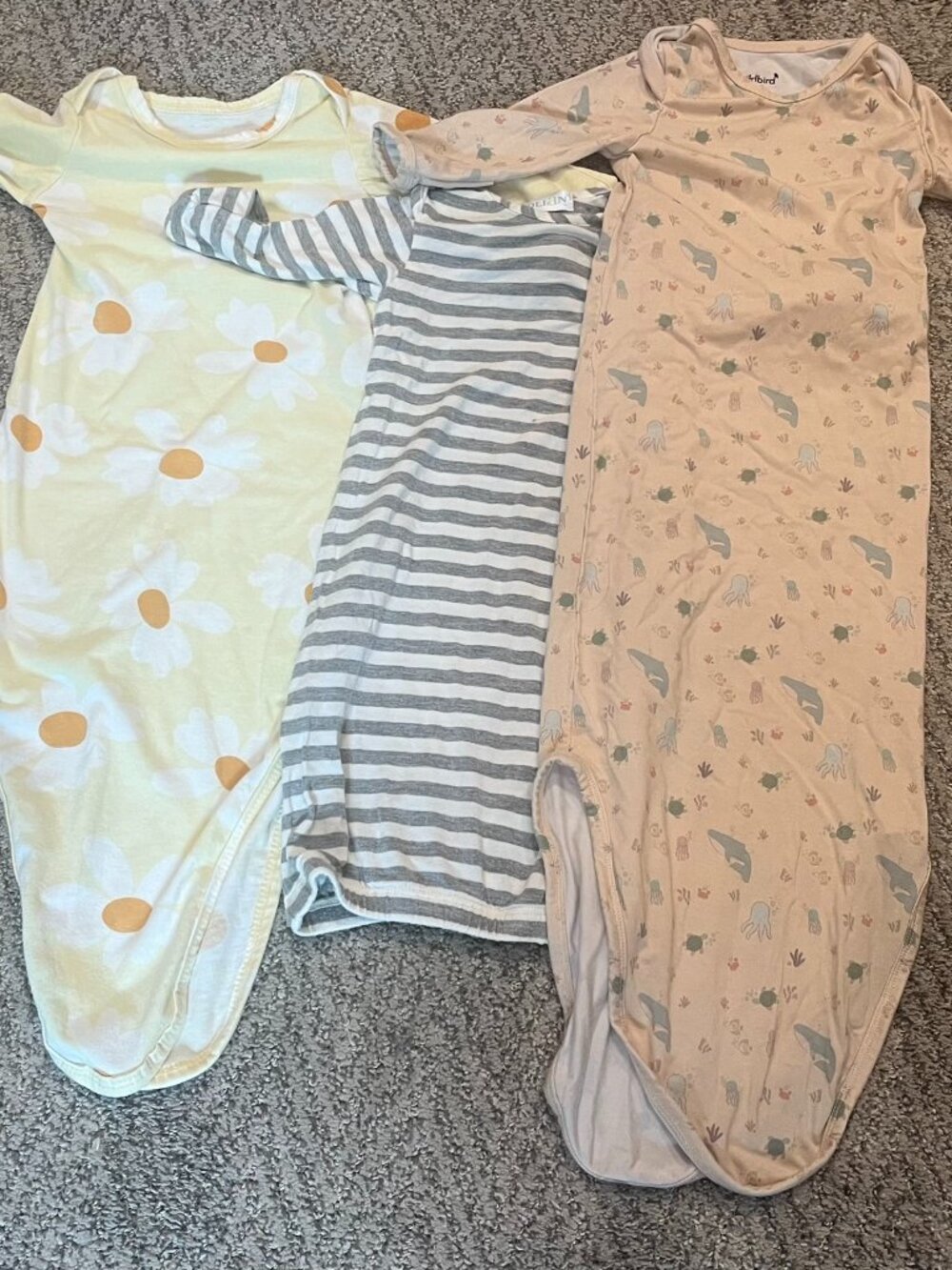 Set of 3 Long-Sleeve Baby Knotted / Elastic Bottom Sleep Gowns